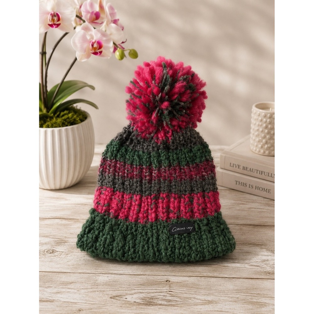 Circus by Sam Edelman Striped Chunky Knit Beanie Pink Green Grey Pom Pom Hat NEW